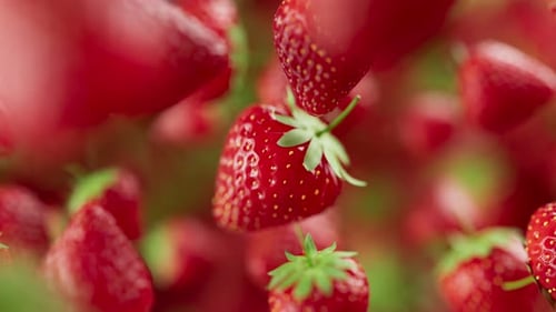 Looping animation of a group of strawberry. Defocus. Close-up.