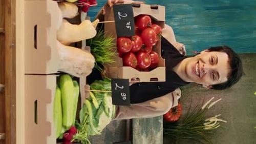 Vertical Video Female Vendor Stand Holder at Local Marketplace