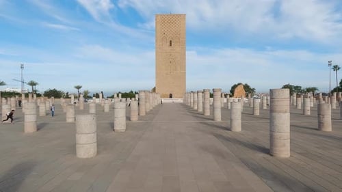 POV Walking Towards Hassan Tower in Rabat. Slow Motion View in Morocco