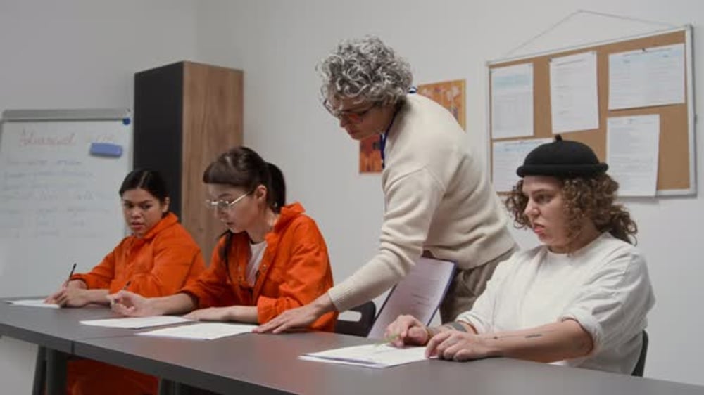 Classroom Setting: Teacher Assists Students with Assignment, Education ...