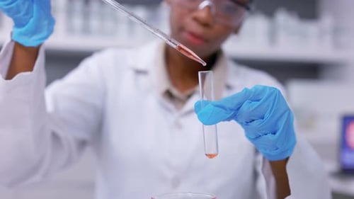 Hands of woman, test tube and scientist with pipette for research, investigation