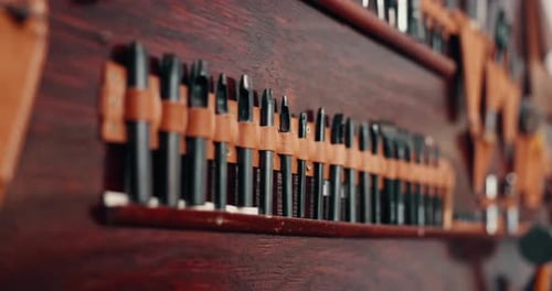 Shelf, set and tools for leather work, service or steel for maintenance