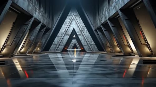Futuristic corridor with triangular architectural design