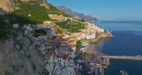 Amalfi Coast Italy Beautiful View of Amalfi Town with Colorful Architecture on the Rocks Blue Sea