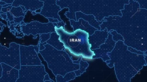 Iran Highlight on Futuristic Digital World Map UI