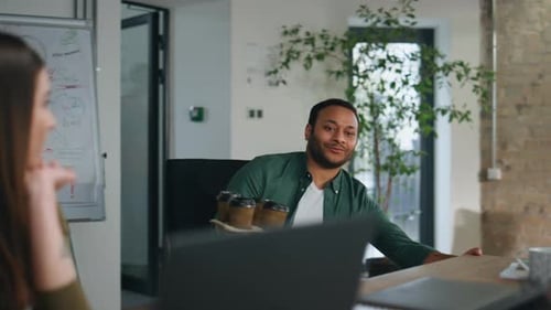 Tired Workers Waiting Coffee Break Sitting Office Closeup Man Bringing Beverage