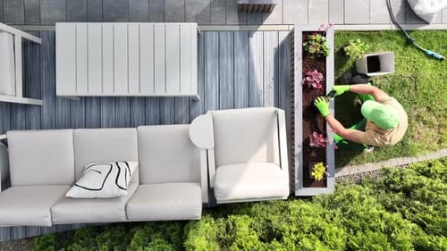 Person gardening in a flower box, aerial view