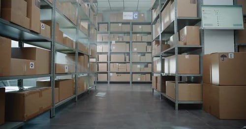 Centre de tri postal avec produits de commerce électronique dans des boîtes en carton sur des étagères