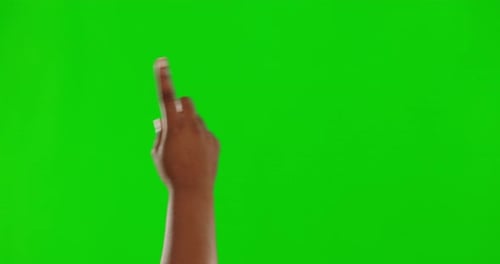 Hand, green screen and interface with a person or user in studio using an interactive ui