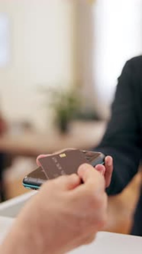 Service, hands and machine for credit card payment at reception area with POS