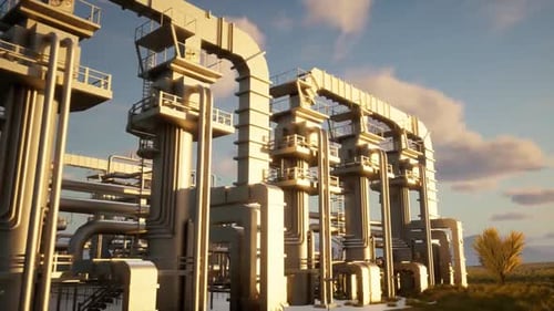 animation of a modern factory with steam power