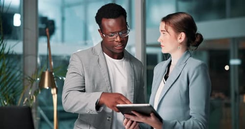 Business people, night and research with tablet for results, corporate finance