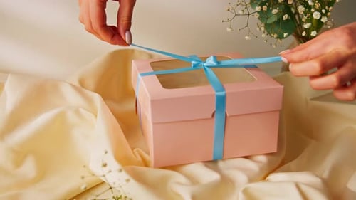 Hands Untying Light Blue Ribbon on Birthday Gift