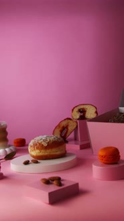 Almond Donut Displayed on a Pink Background
