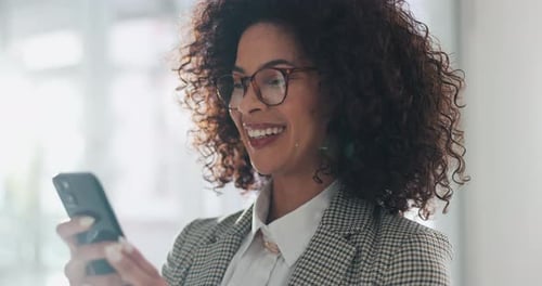 Laugh, phone and businesswoman in office with communication, networking or social media