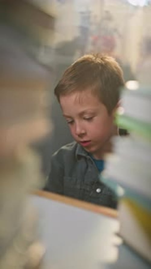 Young Boy Looking at Books in Library