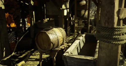 Wooden Barrel and Trough in a Rustic Workshop Setting