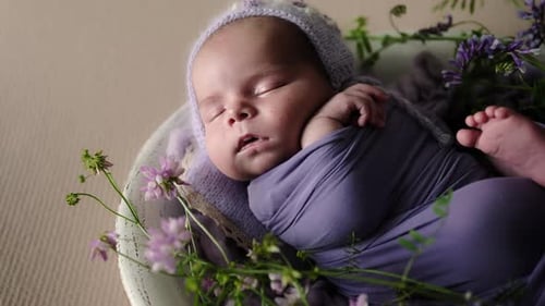 Newborn Sleeps Surrounded by Flowers in Soft Light