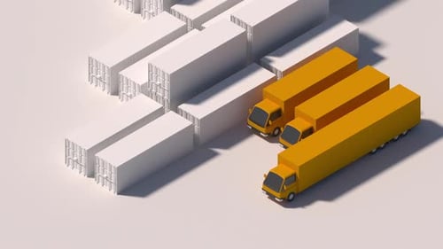 Minimalist 3D Logistics Animation: Trucks Arrive at Containers