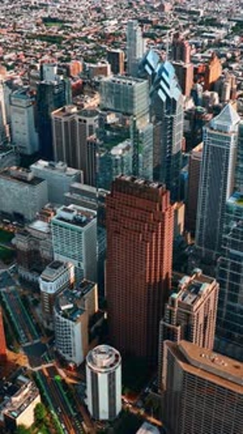Hovering above the majestic skyscrapers. Diverse architecture of Philadelphia from top view.