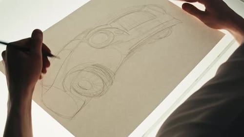 Young Man Artist is Drawing New Car Model By Pencil on White Paper The Design Engineer of Cars