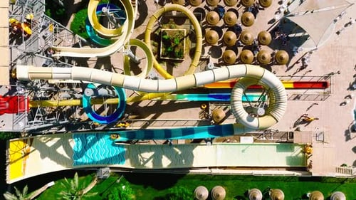 Aerial video over Eilot, the Yo Splash water park, residences and slides, a place of recreation