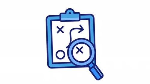 Blue icon clipboard plan diagram with a magnifying glass.