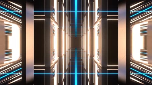 Gelber und cyanfarbener Neontunnel mit endlosen Spiegeln im Hintergrund, VJ Loop in 4K