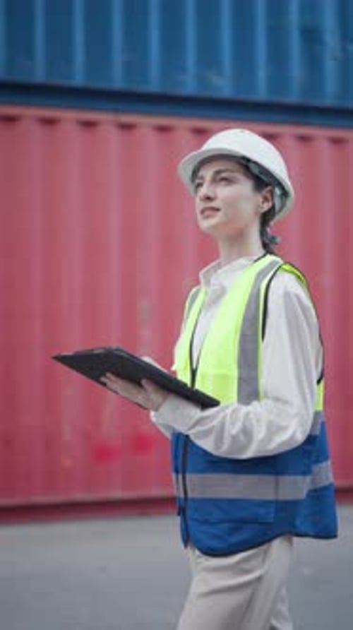 Young female logistics manager pointing up with tablet at port