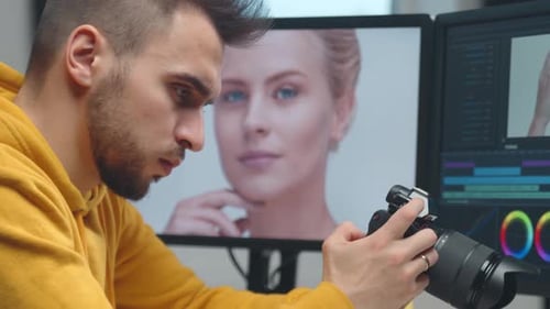 Freelance Videographer Colorist Editing Footage Using Professional Software Monitor and Montage