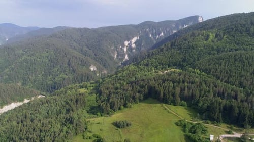 AERIAL: rocks and mountains covered with dense pine forest.