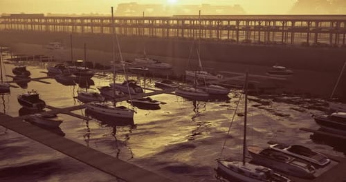 Sunset at Harbor with Moored Boats Reflecting Orange Light