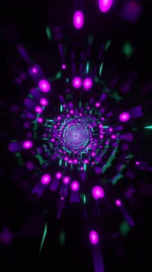 Pink circles and green squares float in zero gravity. Looped animation
