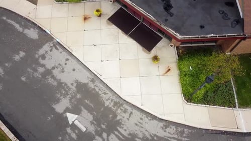 Overhead aerial shot of a church driveway