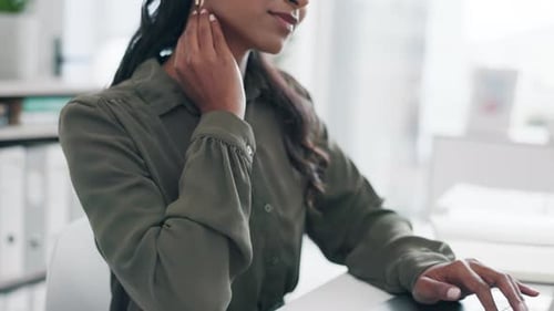 Laptop, stress and business woman with neck pain in office with muscle, problem or burnout