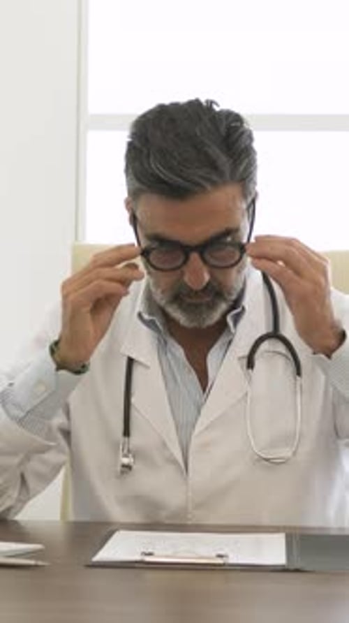 Stressed Male Doctor Using Computer and Analyzing Medical Reports in Clinic