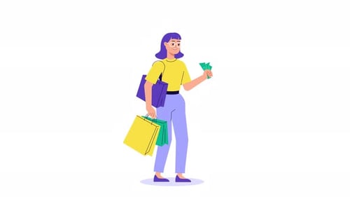 Girl character animation. Woman with shopping bags and money in hand. Marketing, online store