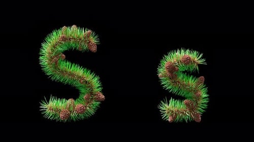 3D animation of letter S styled with pine needles and cones. Alpha Channel.