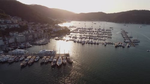 Awesome aerial view of Fethiye Marina at sunset, Turkey