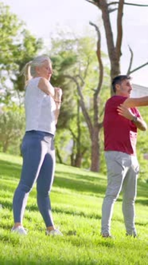 Senior Couple Stretching Arms Exercising Outdoors in a Park