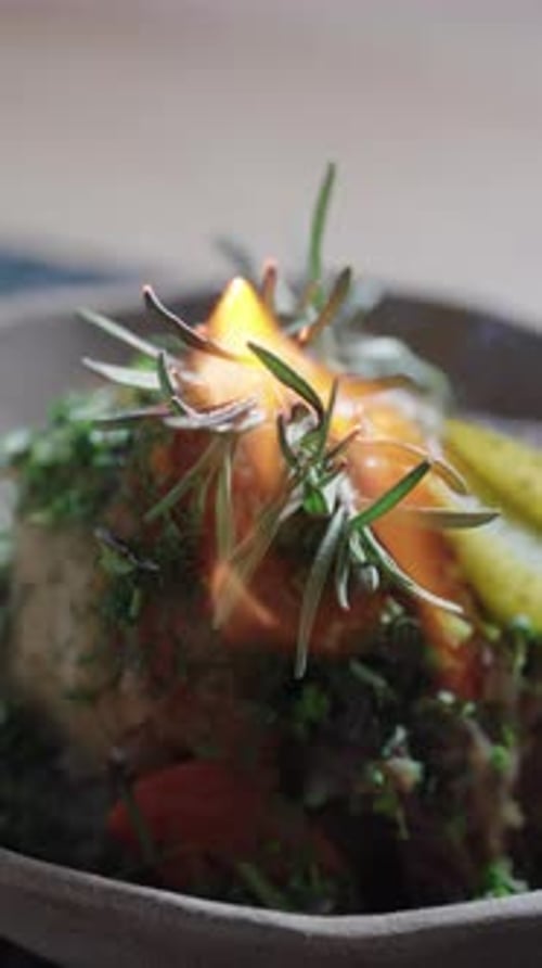 Delicious Food Presentation with Rosemary and Fire