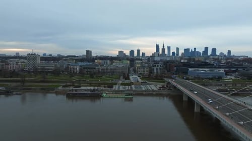 Aerial Panorama of Warsaw Poland with Swietokrzyski Bridge Over the Vistual River