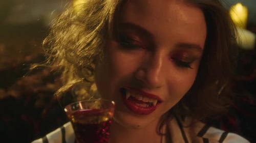 Close-up Portrait of Vampire Woman Smiling Mischievously, Revealing Fangs