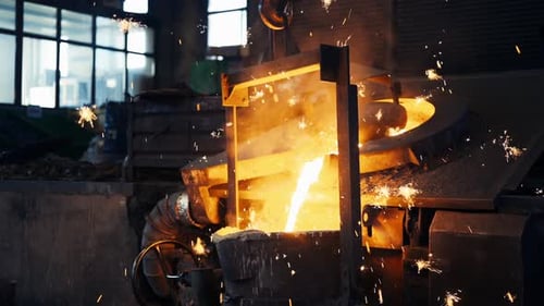 Pouring bright hot liquid steel or metal from ladle in blast furnace foundry metallurgical factory.