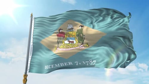 Realistic Delaware State Flag Waving with Blue Sky Background