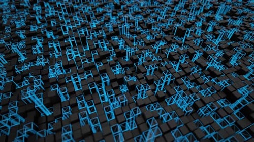 Wavy field of black and blue blocks with moving camera effect