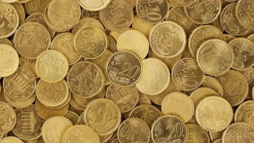 Pile of Golden Euro Coins, Close Up Flat Lay