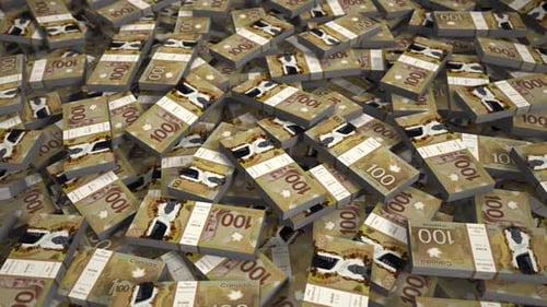 Canadian Hundred Dollar Bills Falling and Piling Up Animation