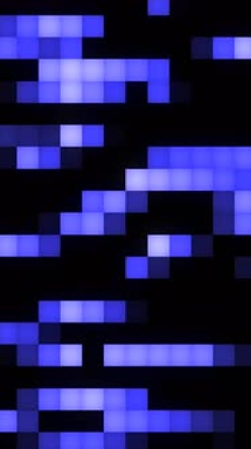 A digital grid of glowing blue squares forms an abstract, pixel-style futuristic background