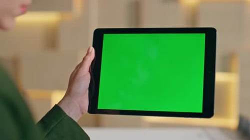Teacher Watching Green Screen Tablet at Office Closeup Manager Looking Video